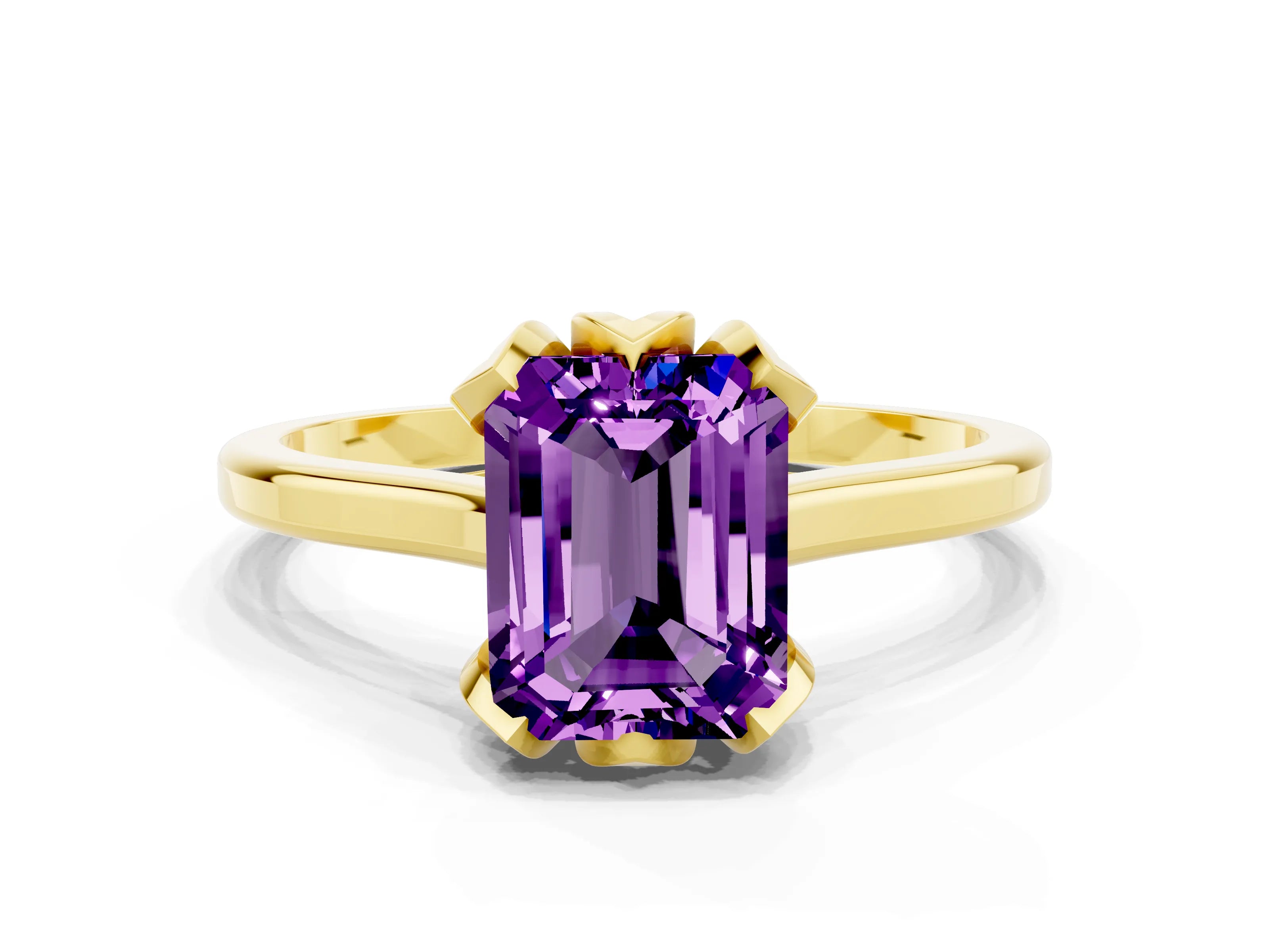 Yellow gold Emerald Cut Amethyst Solitaire Ring with Flower Prong Setting and Classic Band_12