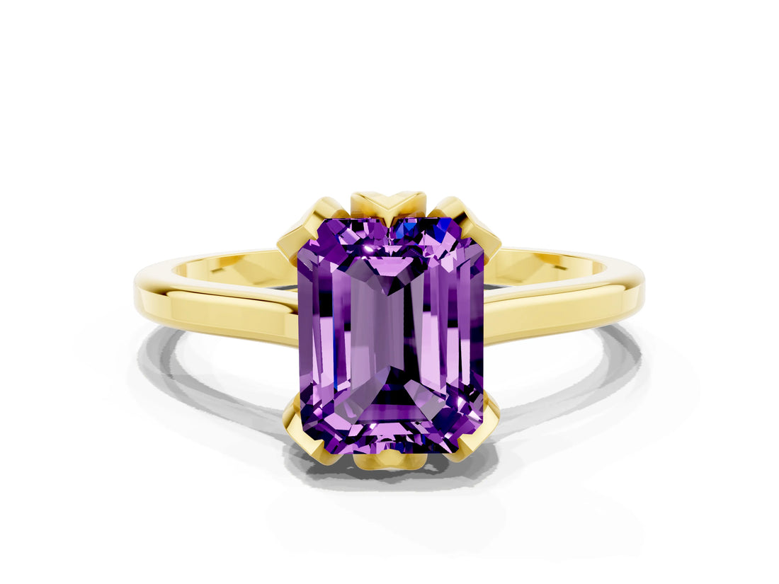 Yellow gold Emerald Cut Amethyst Solitaire Ring with Flower Prong Setting and Classic Band_12
