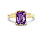 Yellow gold Emerald Cut Amethyst Solitaire Ring with Flower Prong Setting and Classic Band_12
