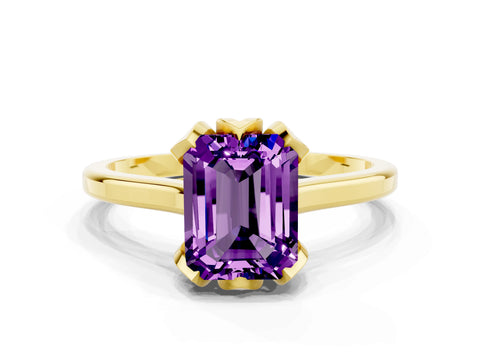 Yellow gold Emerald Cut Amethyst Solitaire Ring with Flower Prong Setting and Classic Band_12