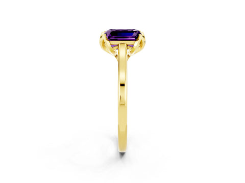 Yellow gold Emerald Cut Amethyst Solitaire Ring with Flower Prong Setting and Classic Band_14