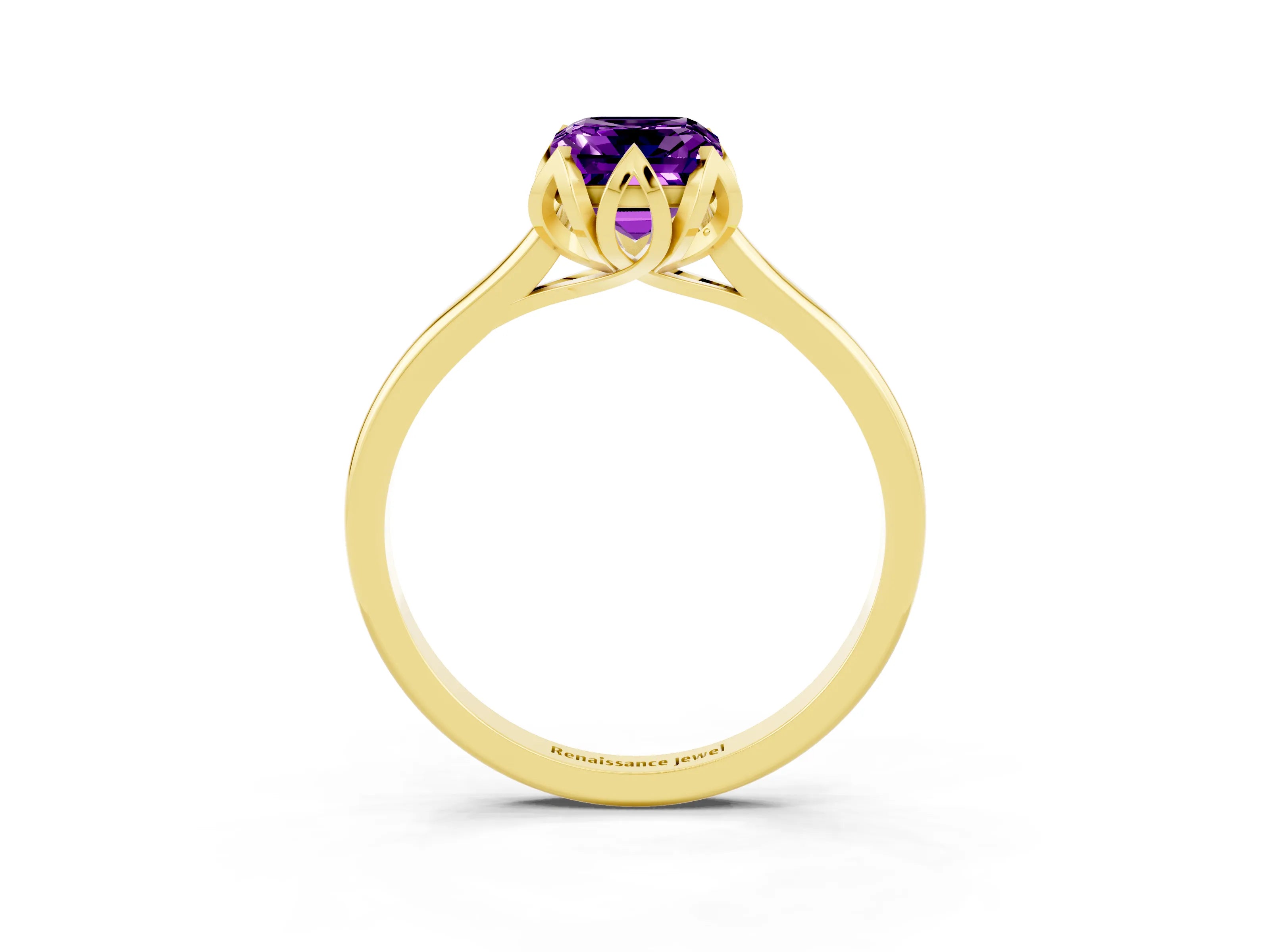 Yellow gold Emerald Cut Amethyst Solitaire Ring with Flower Prong Setting and Classic Band_15