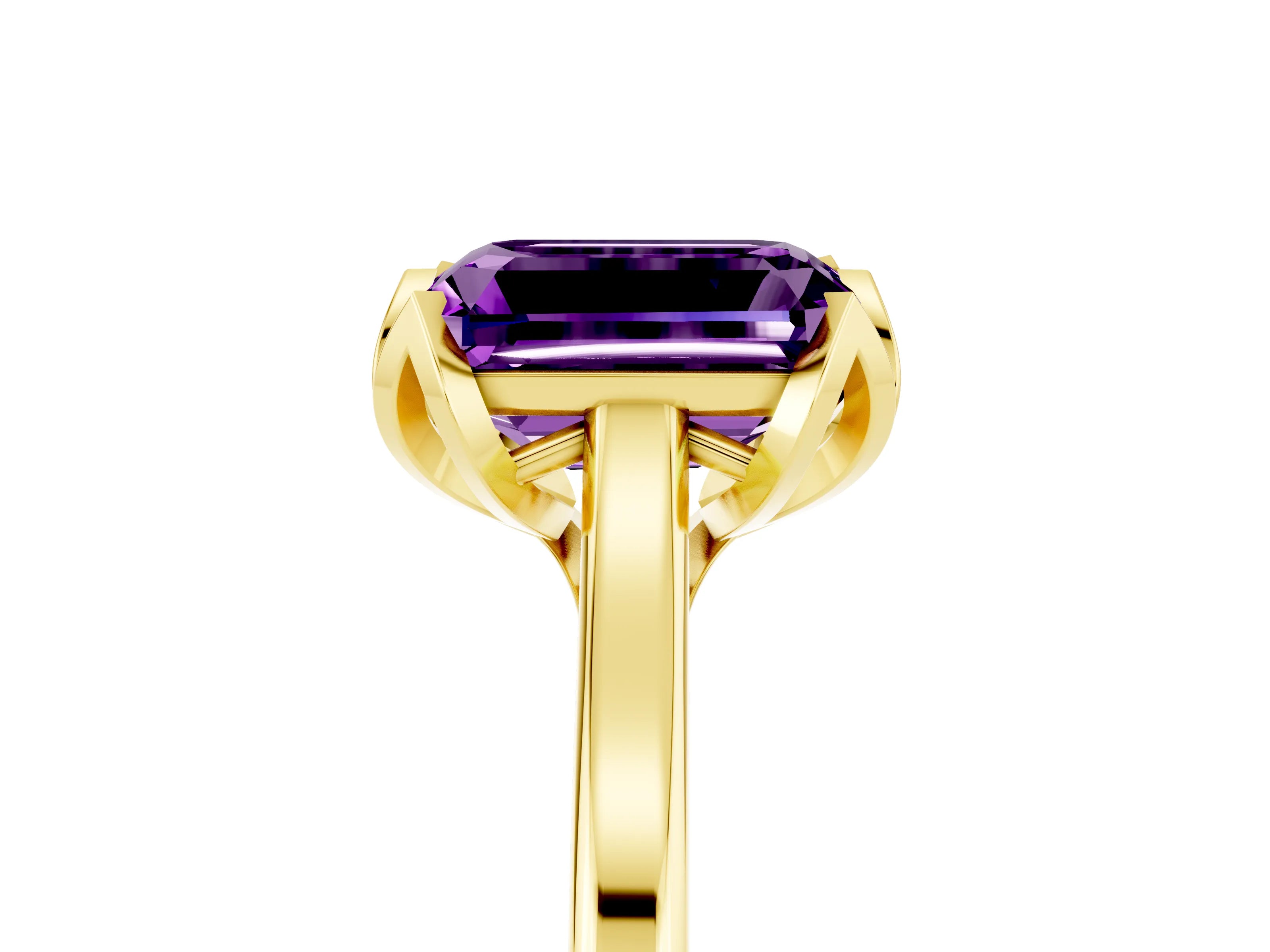 Yellow gold Emerald Cut Amethyst Solitaire Ring with Flower Prong Setting and Classic Band_17