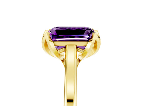 Yellow gold Emerald Cut Amethyst Solitaire Ring with Flower Prong Setting and Classic Band_17