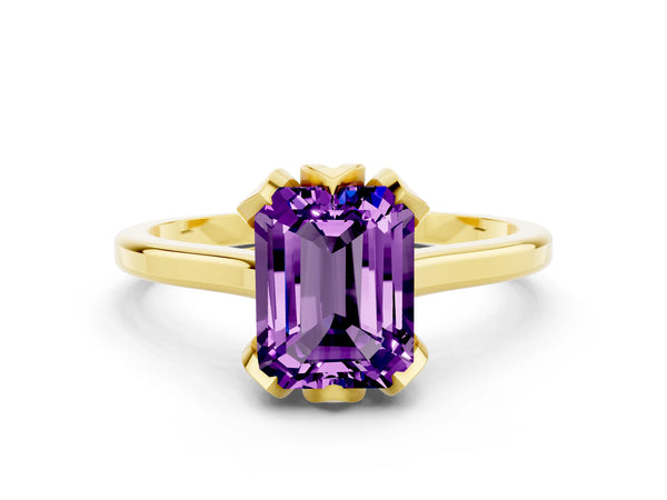 Yellow gold Emerald Cut Amethyst Solitaire Ring with Flower Prong Setting and Classic Band