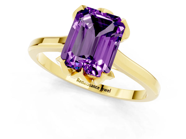 Yellow gold Emerald Cut Amethyst Solitaire Ring with Flower Prong Setting and Classic Band
