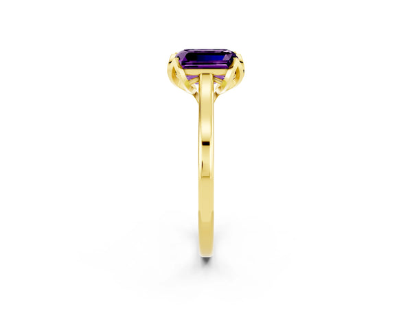 Yellow gold Emerald Cut Amethyst Solitaire Ring with Flower Prong Setting and Classic Band
