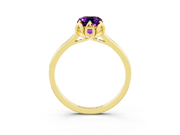 Yellow gold Emerald Cut Amethyst Solitaire Ring with Flower Prong Setting and Classic Band