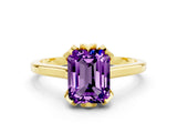 Yellow gold Emerald Cut Amethyst Solitaire Ring with Flower Prong Setting and Classic Band_36