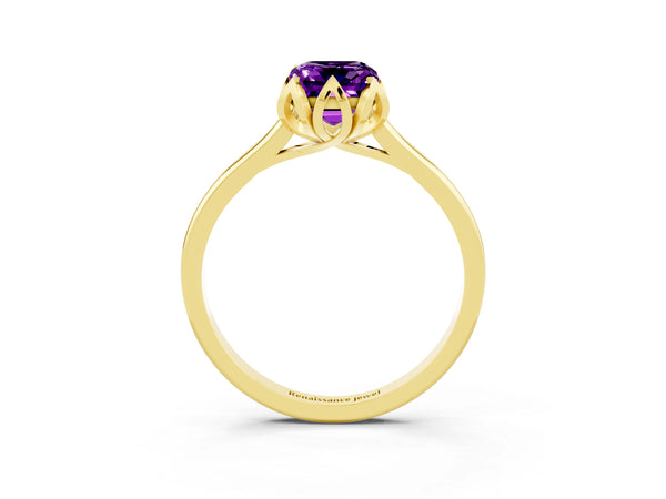Yellow Gold Emerald Cut Amethyst Floral Solitaire Engagement Ring with Plain Band
