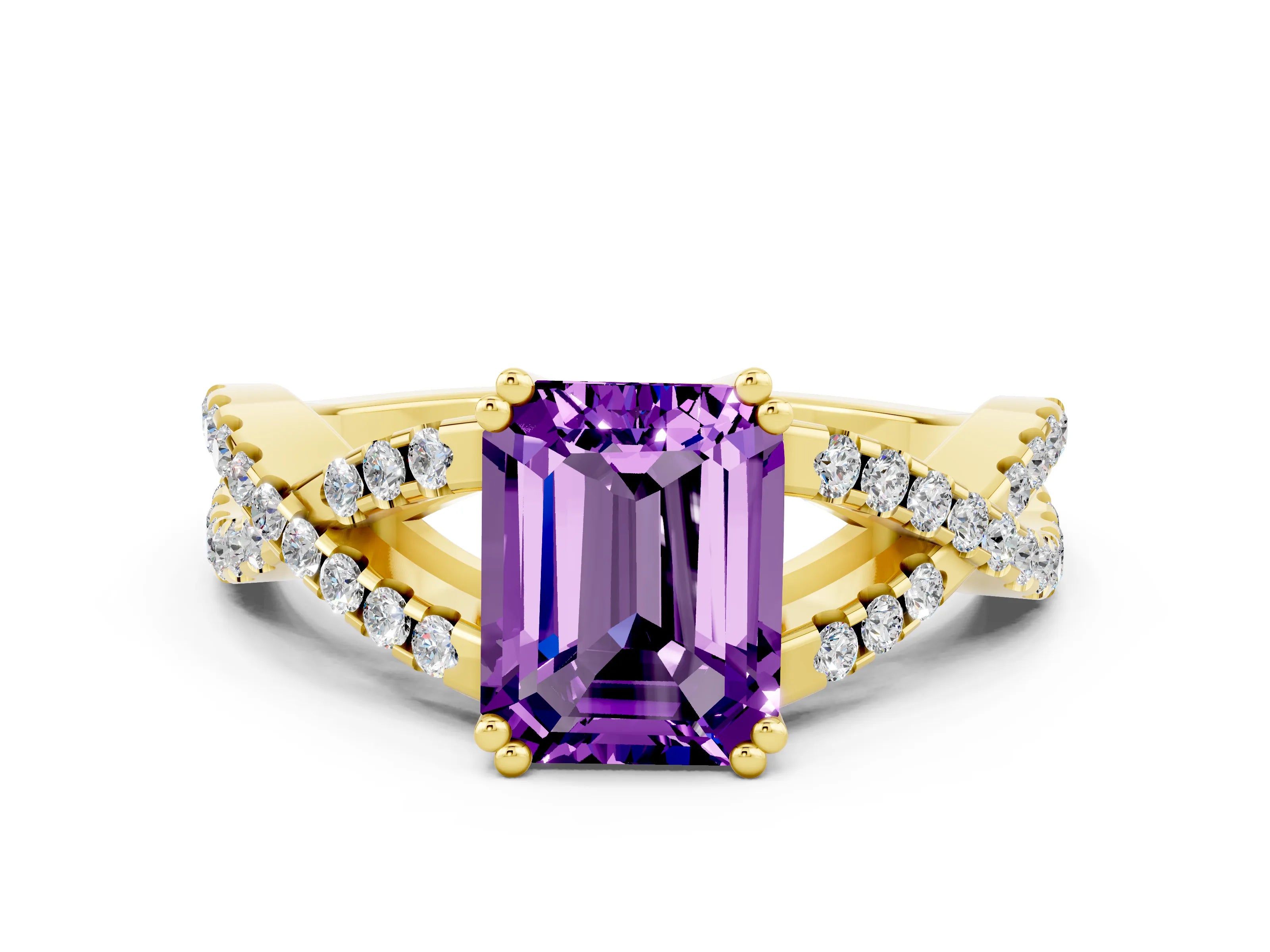 Yellow gold Emerald Cut Amethyst Solitaire Ring with Four-Prong Setting and Twisted Pavé Band