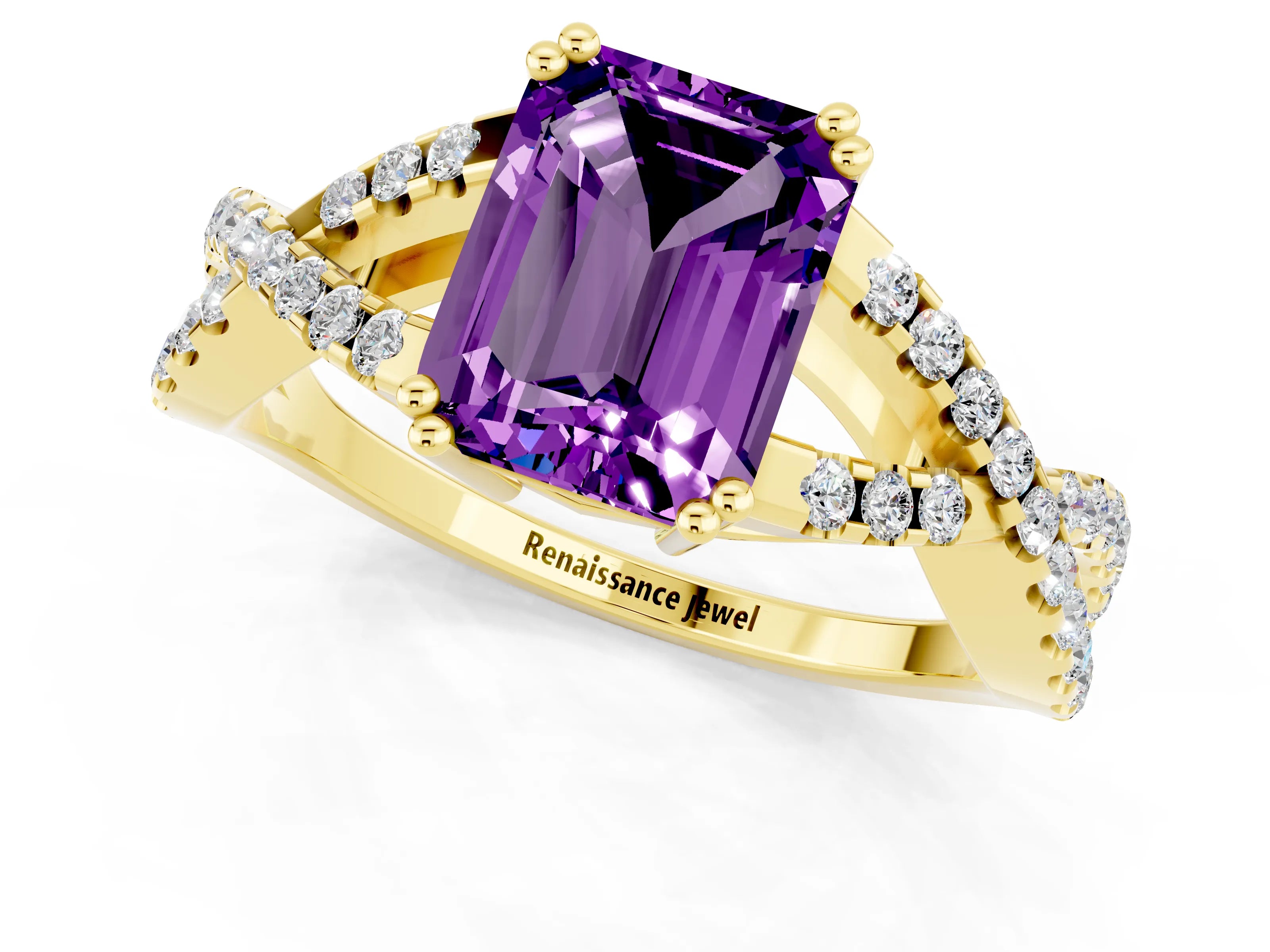 Yellow gold Emerald Cut Amethyst Solitaire Ring with Four-Prong Setting and Twisted Pavé Band_1