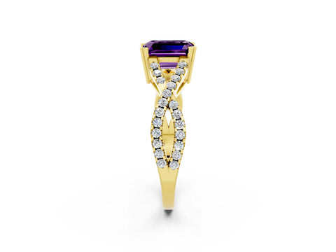 Yellow gold Emerald Cut Amethyst Solitaire Ring with Four-Prong Setting and Twisted Pavé Band_2