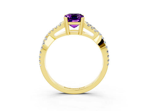 Yellow gold Emerald Cut Amethyst Solitaire Ring with Four-Prong Setting and Twisted Pavé Band_3