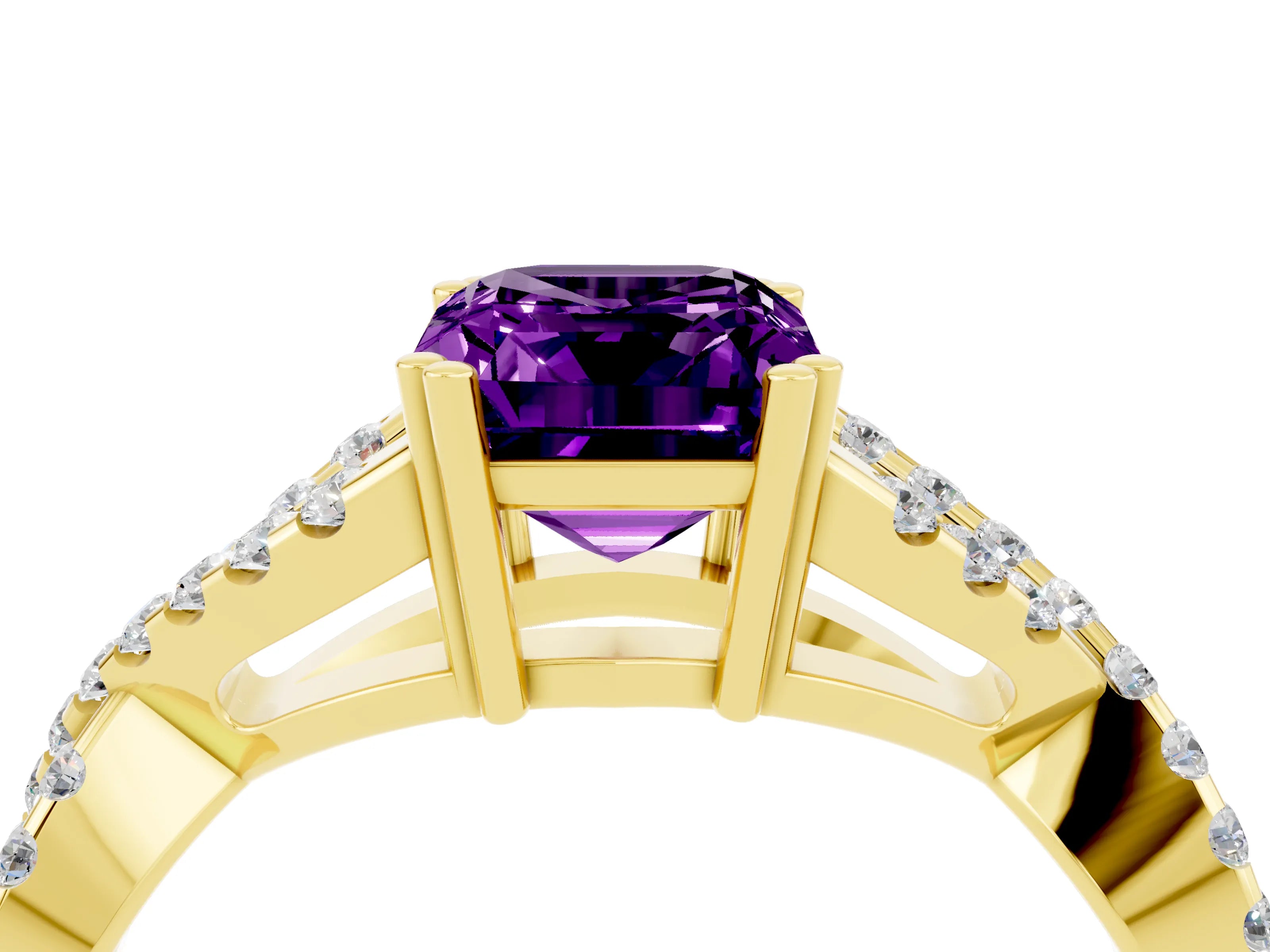 Yellow gold Emerald Cut Amethyst Solitaire Ring with Four-Prong Setting and Twisted Pavé Band_4