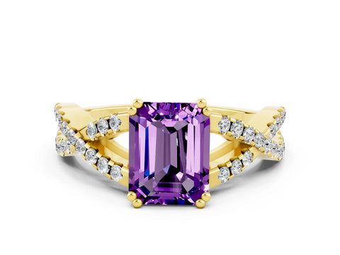 Yellow gold Emerald Cut Amethyst Solitaire Ring with Four-Prong Setting and Twisted Pavé Band