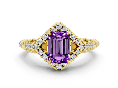Yellow gold Emerald Cut Amethyst Solitaire Ring with Hidden Halo and Pavé Band_12