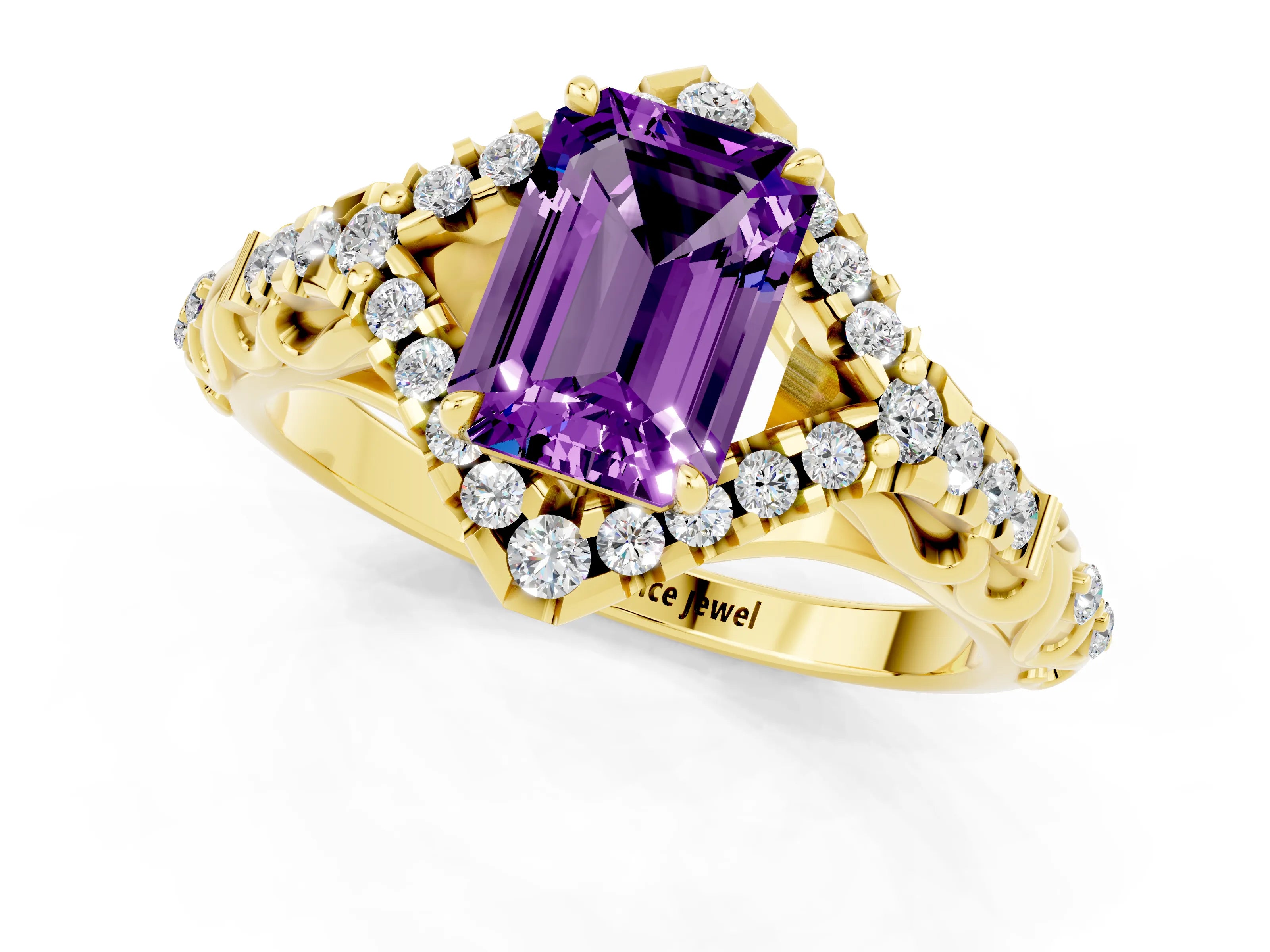 Yellow gold Emerald Cut Amethyst Solitaire Ring with Hidden Halo and Pavé Band_13