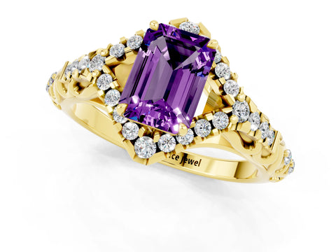 Yellow gold Emerald Cut Amethyst Solitaire Ring with Hidden Halo and Pavé Band_13