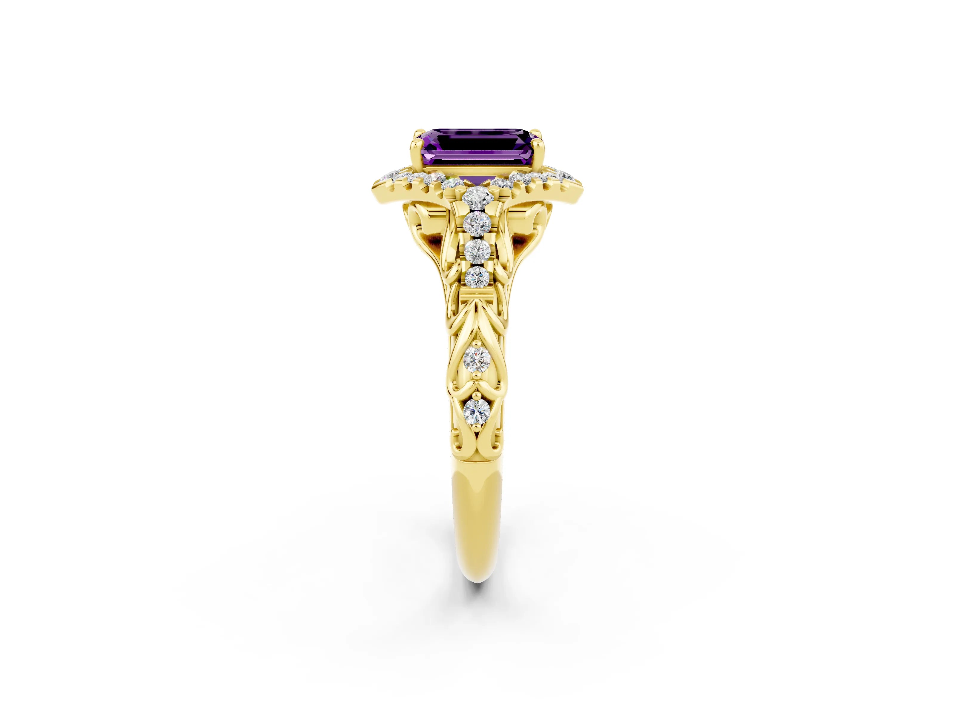 Yellow gold Emerald Cut Amethyst Solitaire Ring with Hidden Halo and Pavé Band_14