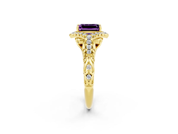 Yellow Gold Emerald Cut Amethyst Hidden Halo Engagement Ring with Filigree Gallery