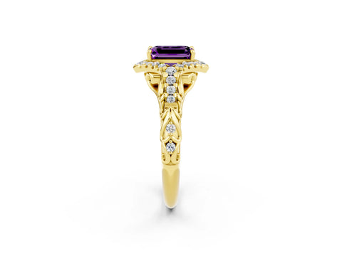 Yellow gold Emerald Cut Amethyst Solitaire Ring with Hidden Halo and Pavé Band_14