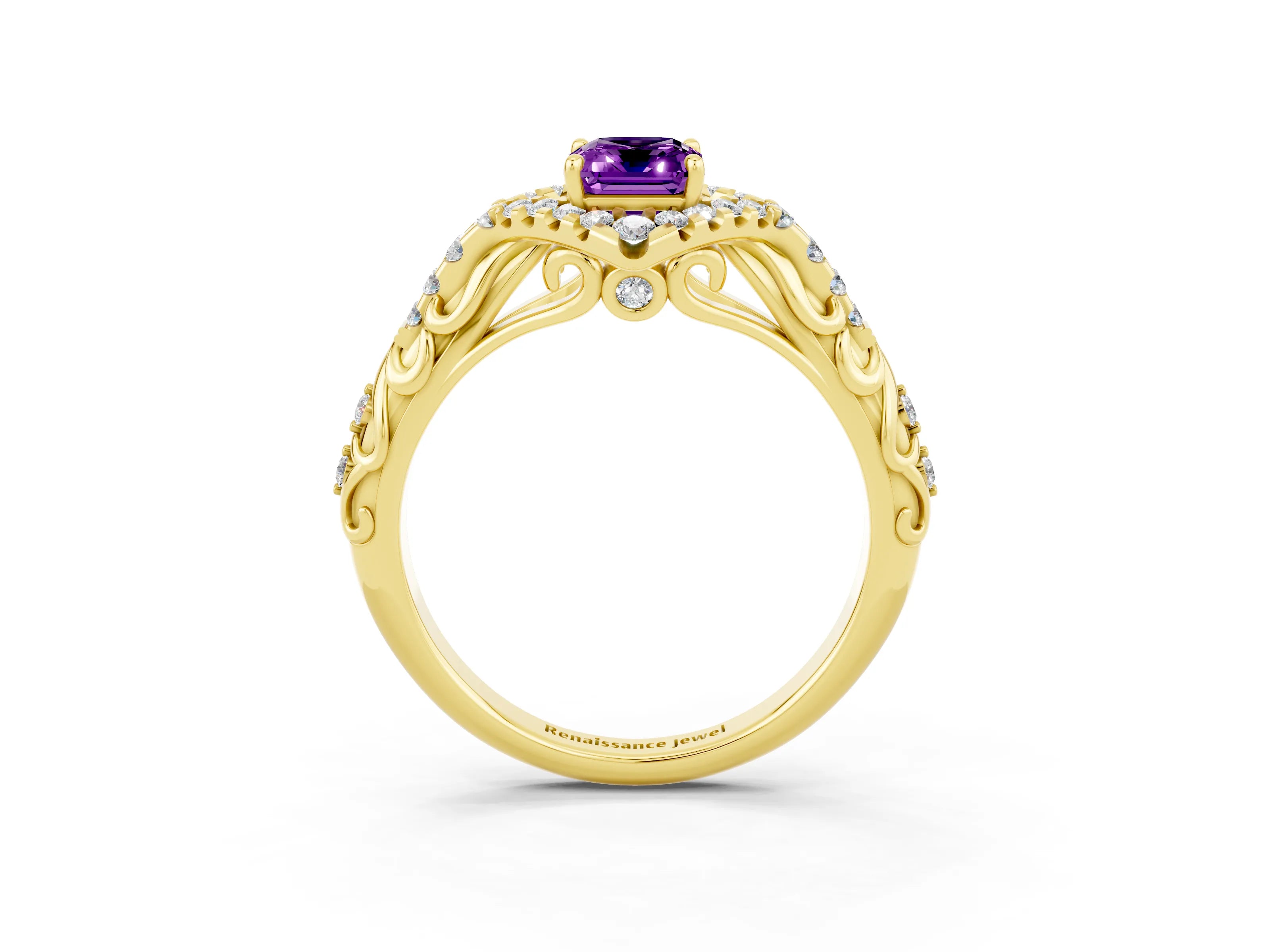 Yellow gold Emerald Cut Amethyst Solitaire Ring with Hidden Halo and Pavé Band_15