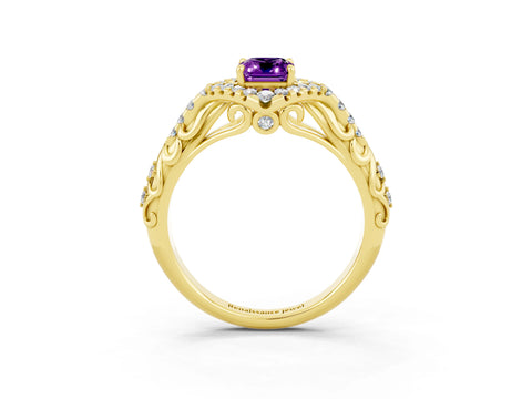 Yellow gold Emerald Cut Amethyst Solitaire Ring with Hidden Halo and Pavé Band_15