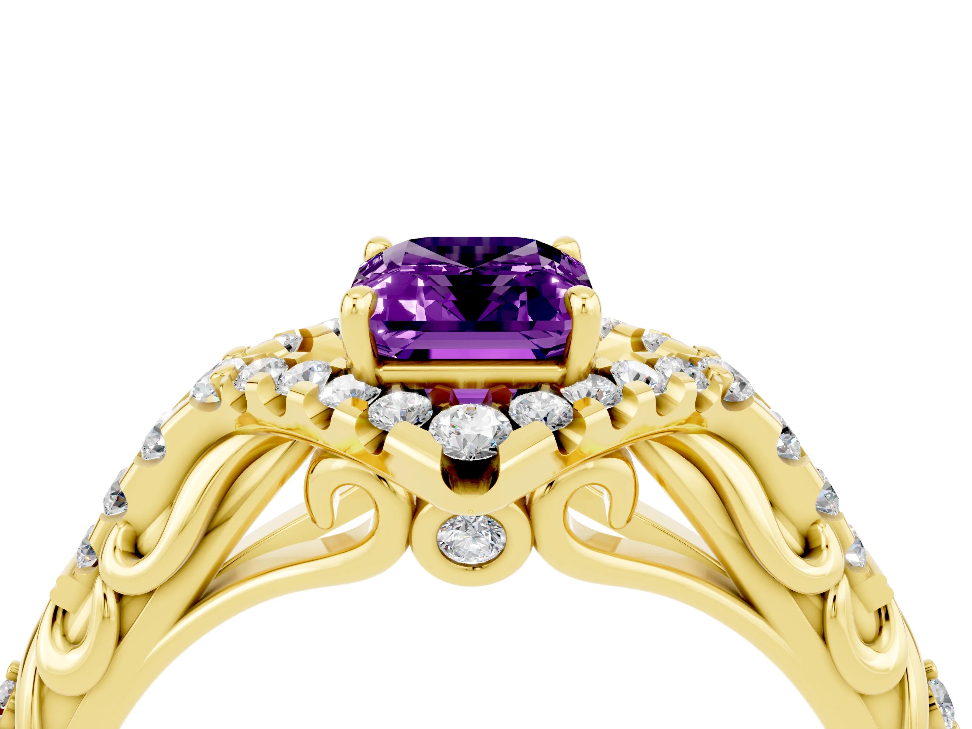 Yellow gold Emerald Cut Amethyst Solitaire Ring with Hidden Halo and Pavé Band_16