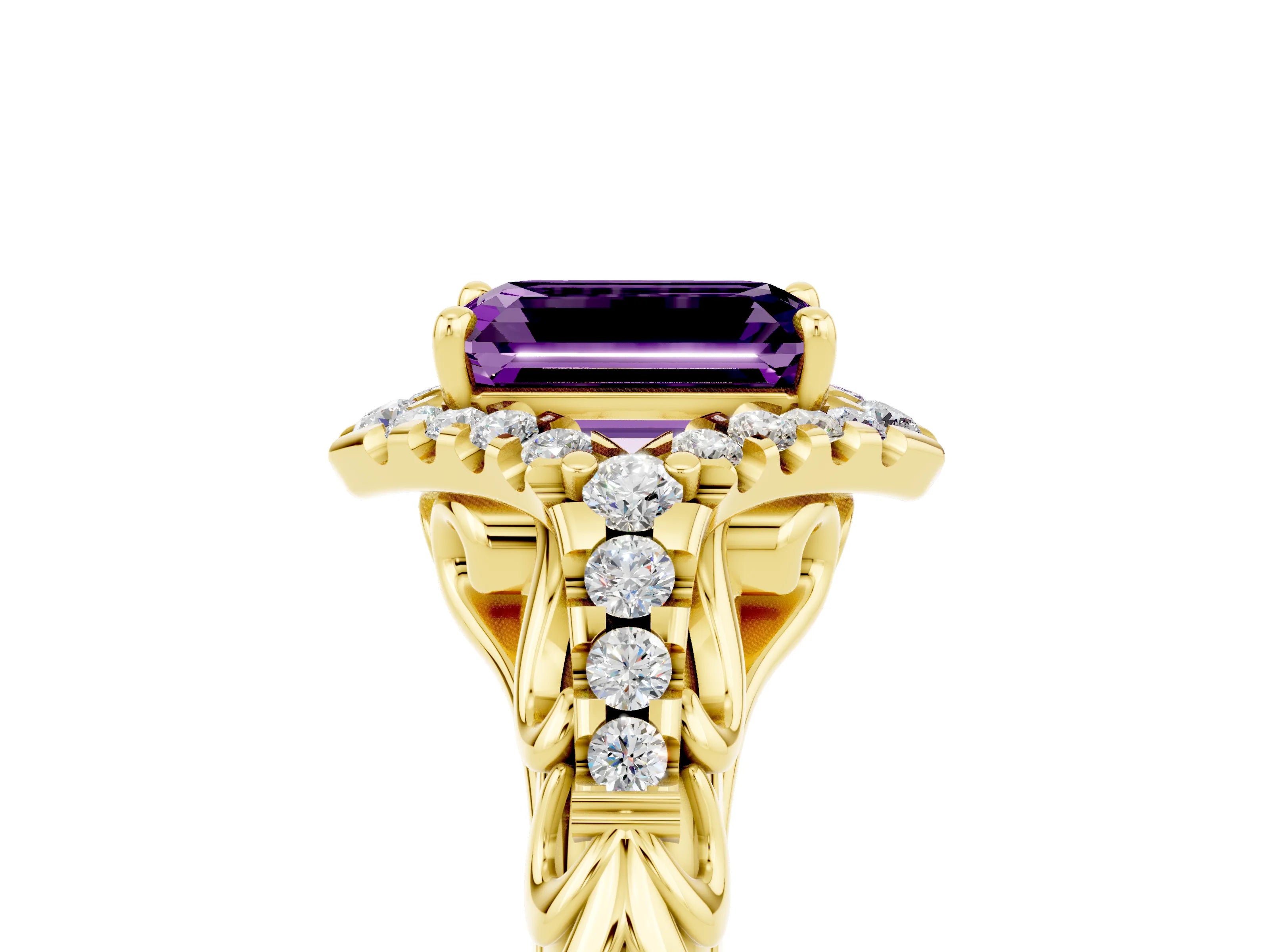 Yellow gold Emerald Cut Amethyst Solitaire Ring with Hidden Halo and Pavé Band_17