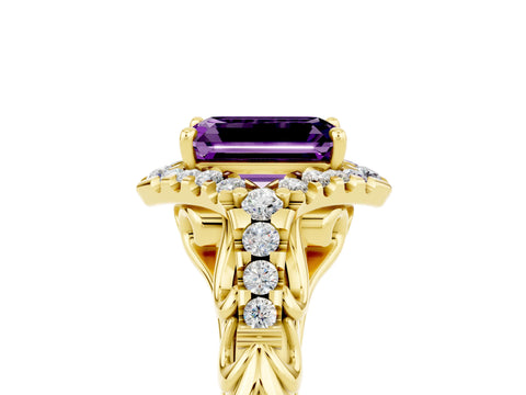 Yellow gold Emerald Cut Amethyst Solitaire Ring with Hidden Halo and Pavé Band_17