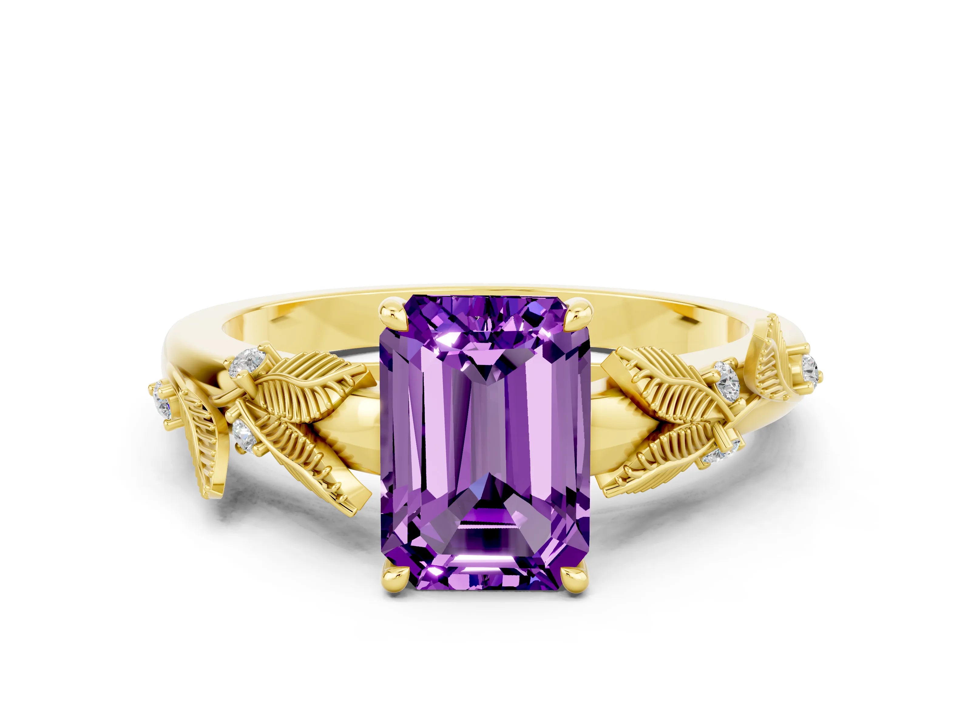 Yellow gold Emerald Cut Amethyst Solitaire Ring with Leaf Motif Band and Four-Prong Setting