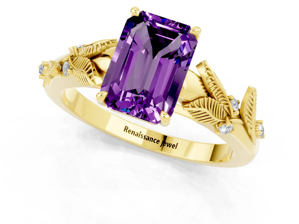 Yellow gold Emerald Cut Amethyst Solitaire Ring with Leaf Motif Band and Four-Prong Setting