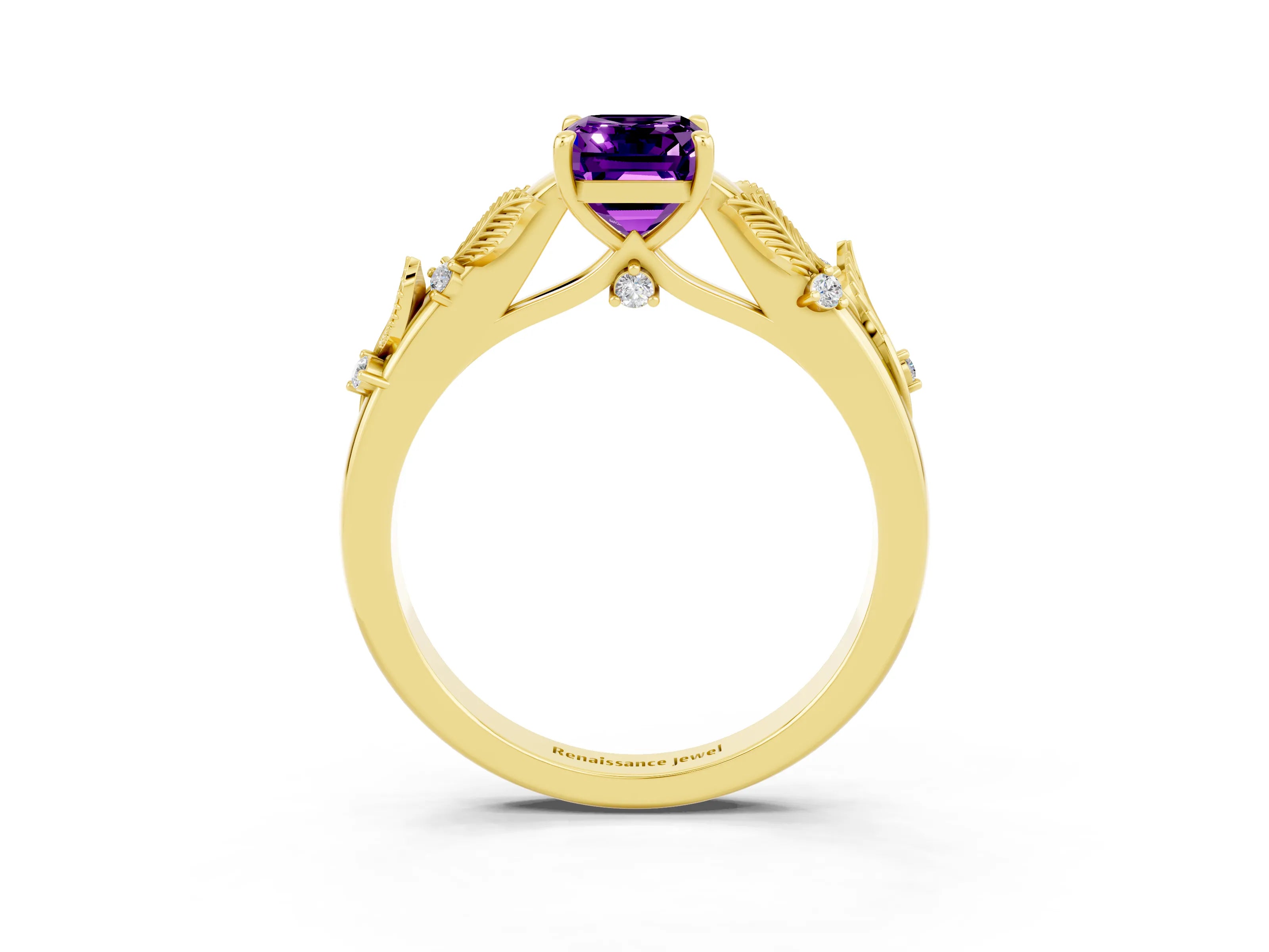 Yellow gold Emerald Cut Amethyst Solitaire Ring with Leaf Motif Band and Four-Prong Setting_3