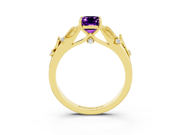 Yellow gold Emerald Cut Amethyst Solitaire Ring with Leaf Motif Band and Four-Prong Setting