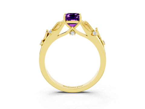Yellow gold Emerald Cut Amethyst Solitaire Ring with Leaf Motif Band and Four-Prong Setting_3