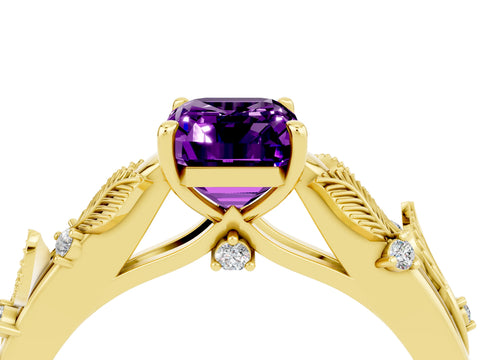 Yellow gold Emerald Cut Amethyst Solitaire Ring with Leaf Motif Band and Four-Prong Setting_4