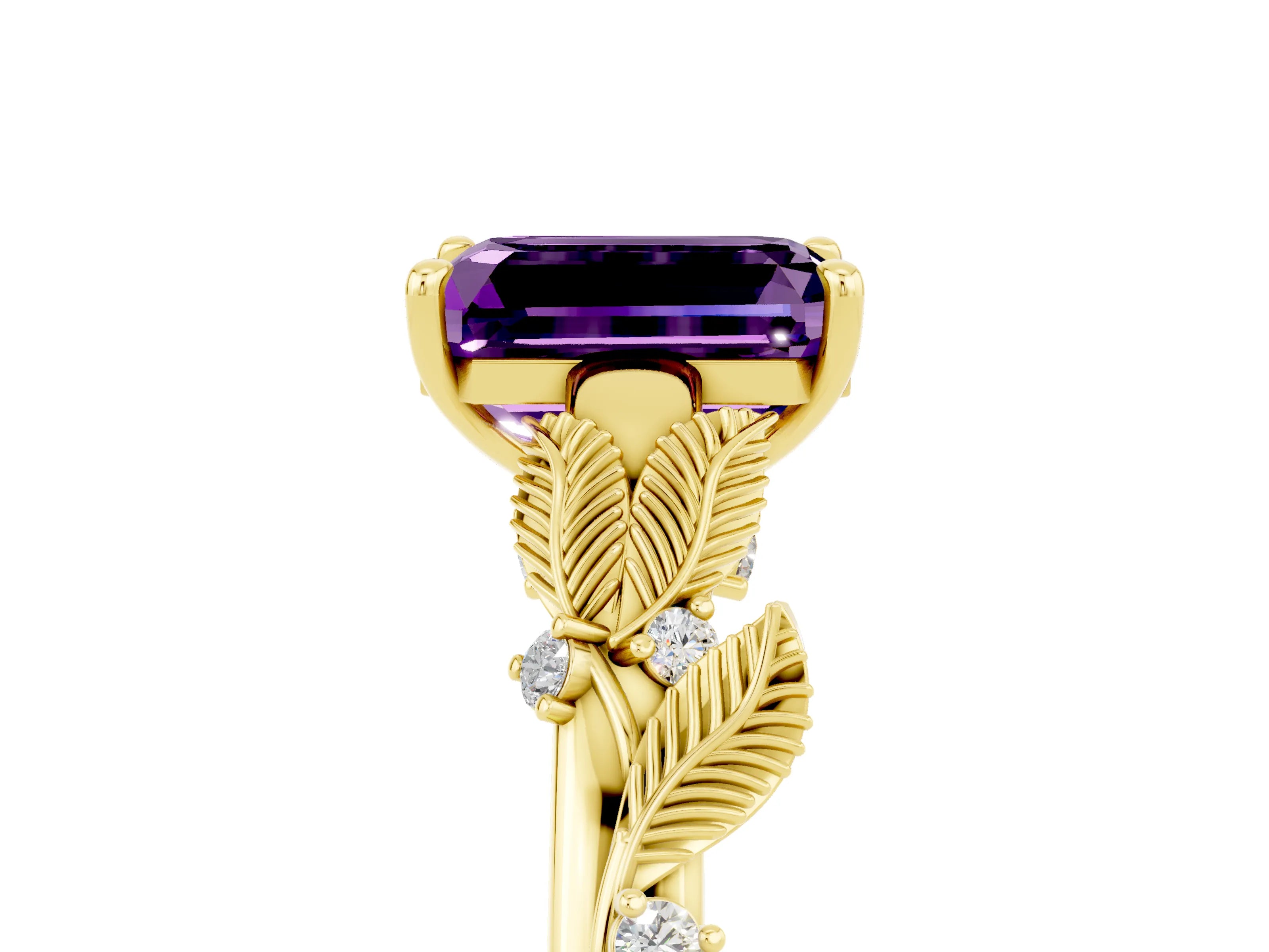 Yellow gold Emerald Cut Amethyst Solitaire Ring with Leaf Motif Band and Four-Prong Setting_5