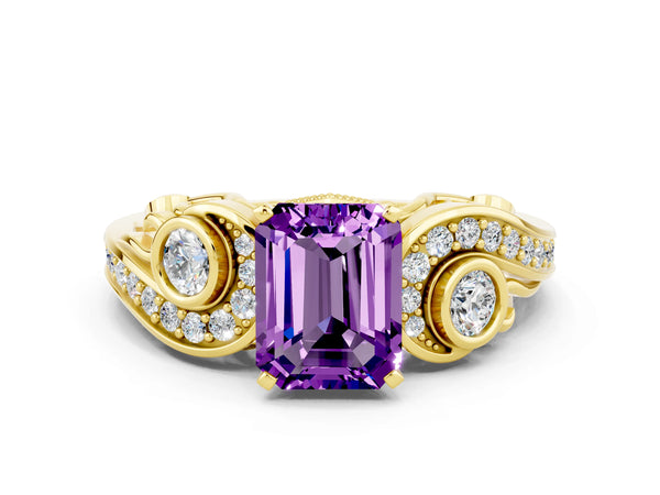 Yellow gold Emerald Cut Amethyst Solitaire Ring with Milgrain Pavé Band and Four-Prong Setting