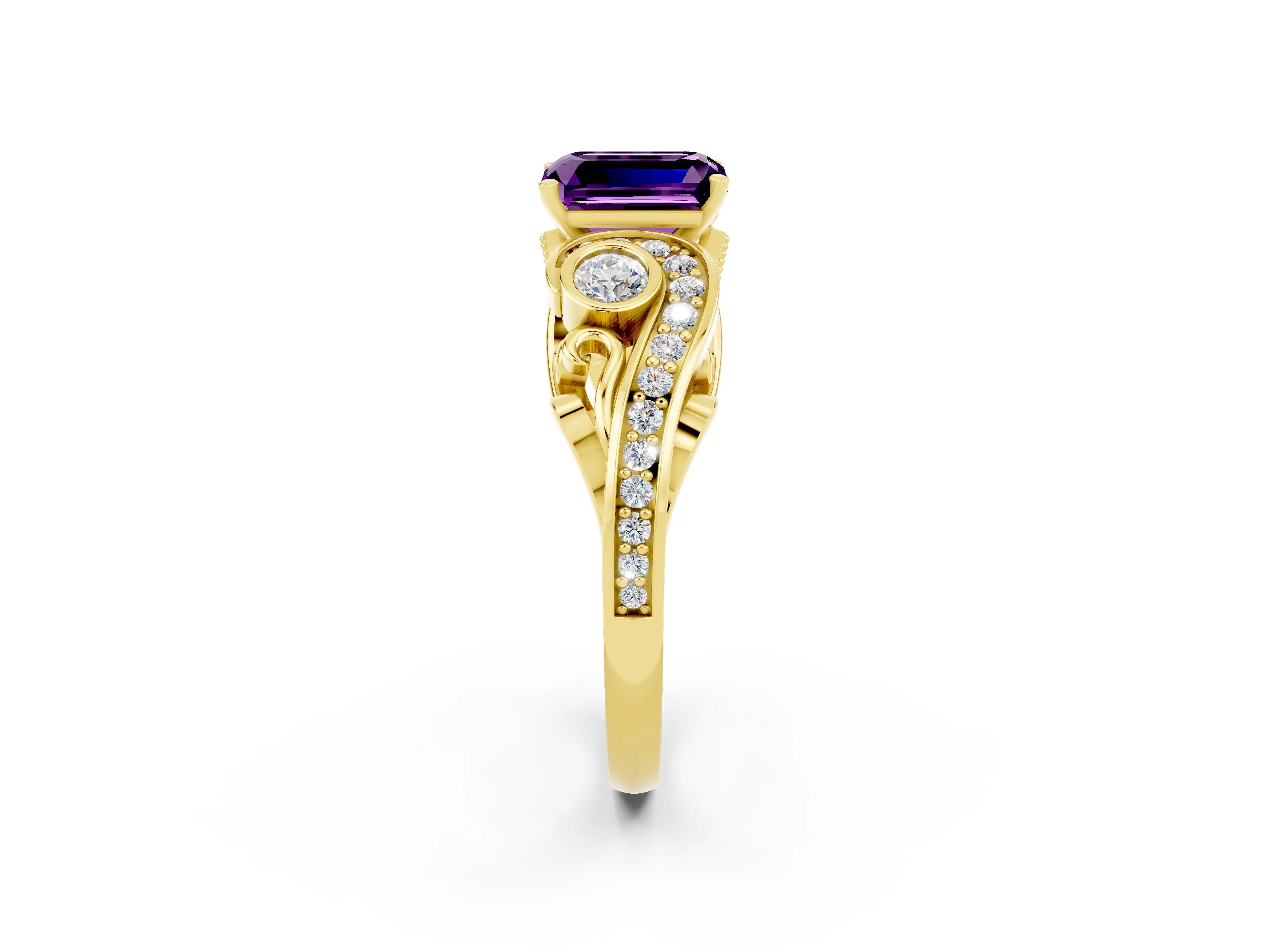 Yellow gold Emerald Cut Amethyst Solitaire Ring with Milgrain Pavé Band and Four-Prong Setting_26