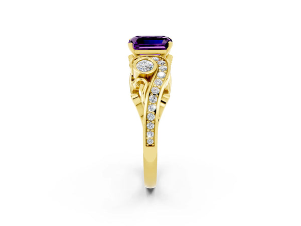Yellow gold Emerald Cut Amethyst Solitaire Ring with Milgrain Pavé Band and Four-Prong Setting