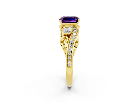 Yellow gold Emerald Cut Amethyst Solitaire Ring with Milgrain Pavé Band and Four-Prong Setting_26
