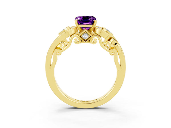 Yellow gold Emerald Cut Amethyst Solitaire Ring with Milgrain Pavé Band and Four-Prong Setting