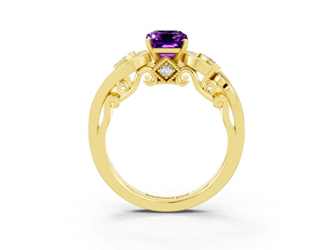 Yellow gold Emerald Cut Amethyst Solitaire Ring with Milgrain Pavé Band and Four-Prong Setting_27