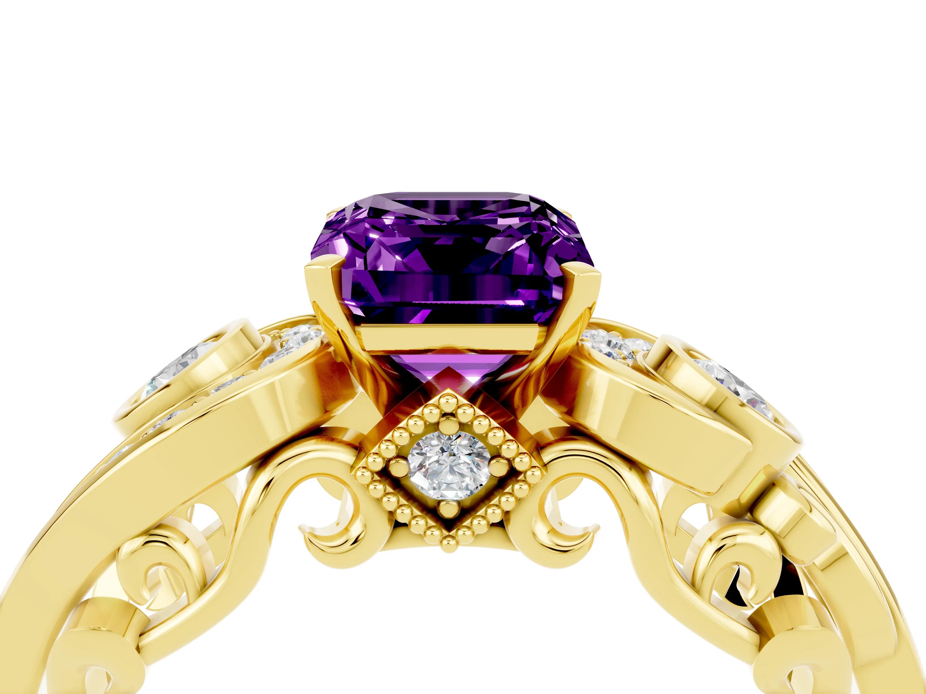 Yellow gold Emerald Cut Amethyst Solitaire Ring with Milgrain Pavé Band and Four-Prong Setting_28
