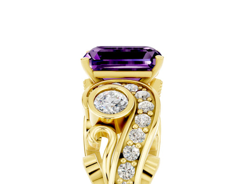 Yellow gold Emerald Cut Amethyst Solitaire Ring with Milgrain Pavé Band and Four-Prong Setting_29