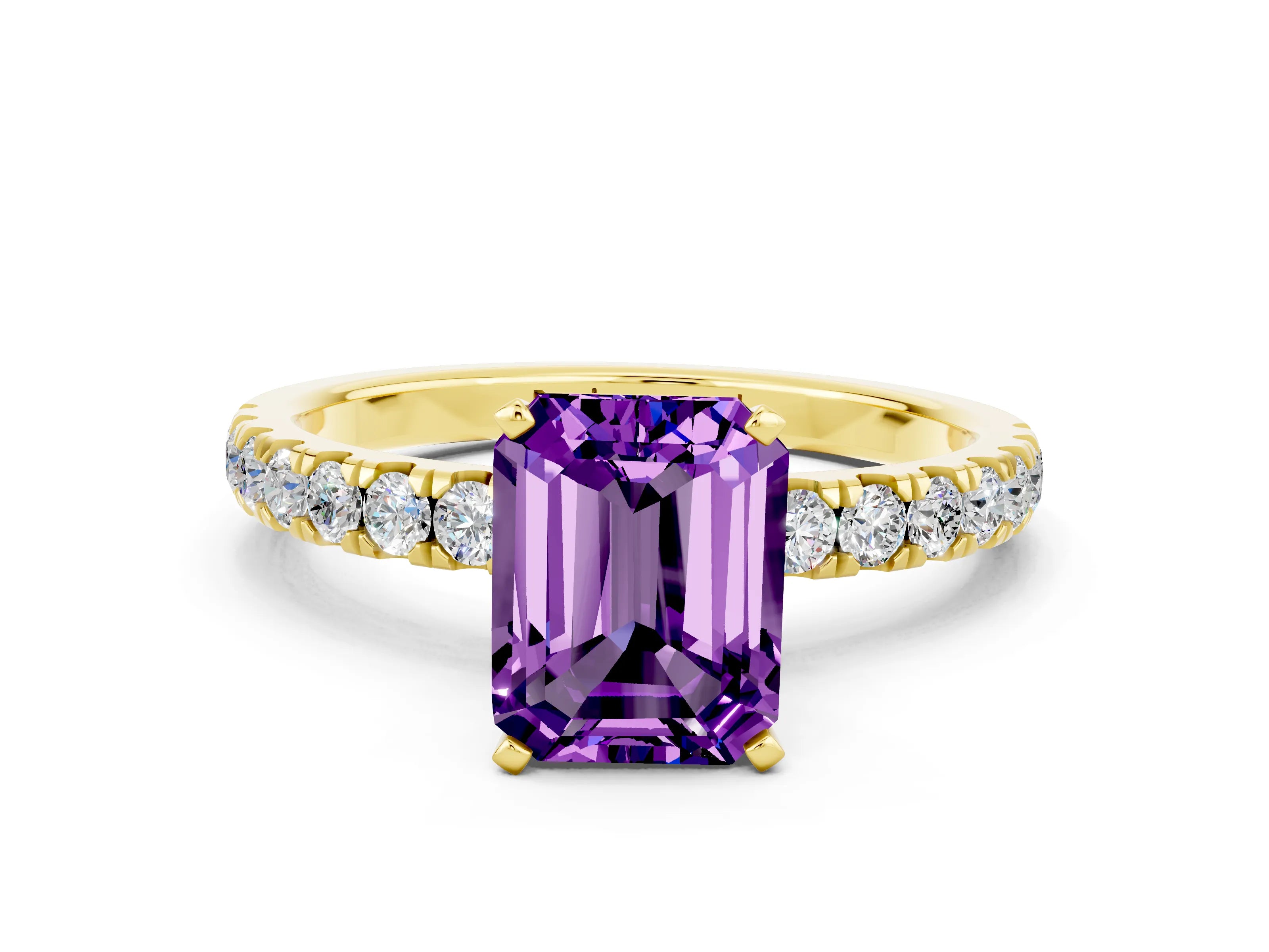 Yellow gold Emerald Cut Amethyst Solitaire Ring with Pavé Accents and Four-Prong Setting