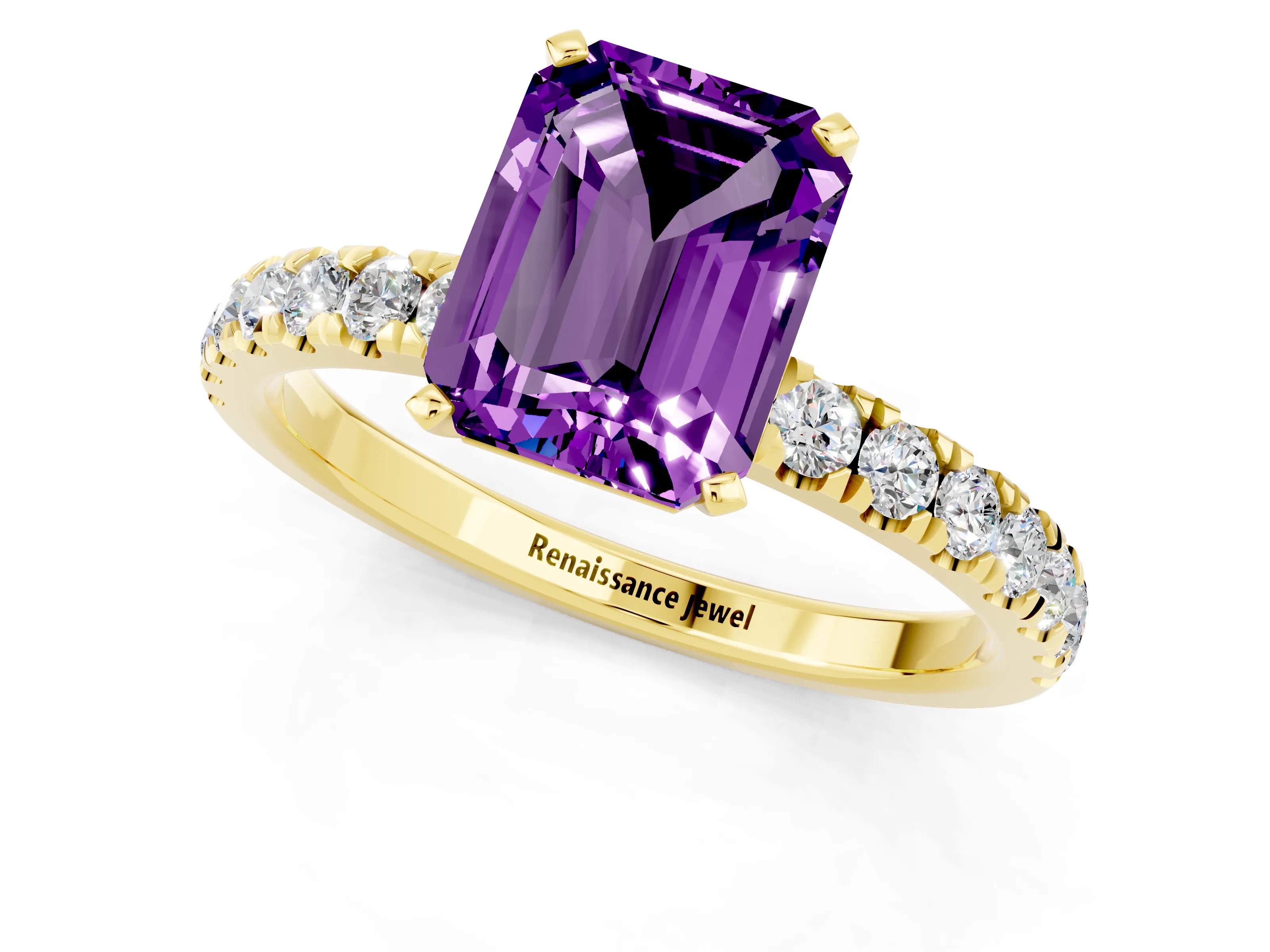 Yellow gold Emerald Cut Amethyst Solitaire Ring with Pavé Accents and Four-Prong Setting_1
