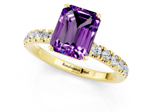 Yellow gold Emerald Cut Amethyst Solitaire Ring with Pavé Accents and Four-Prong Setting_1