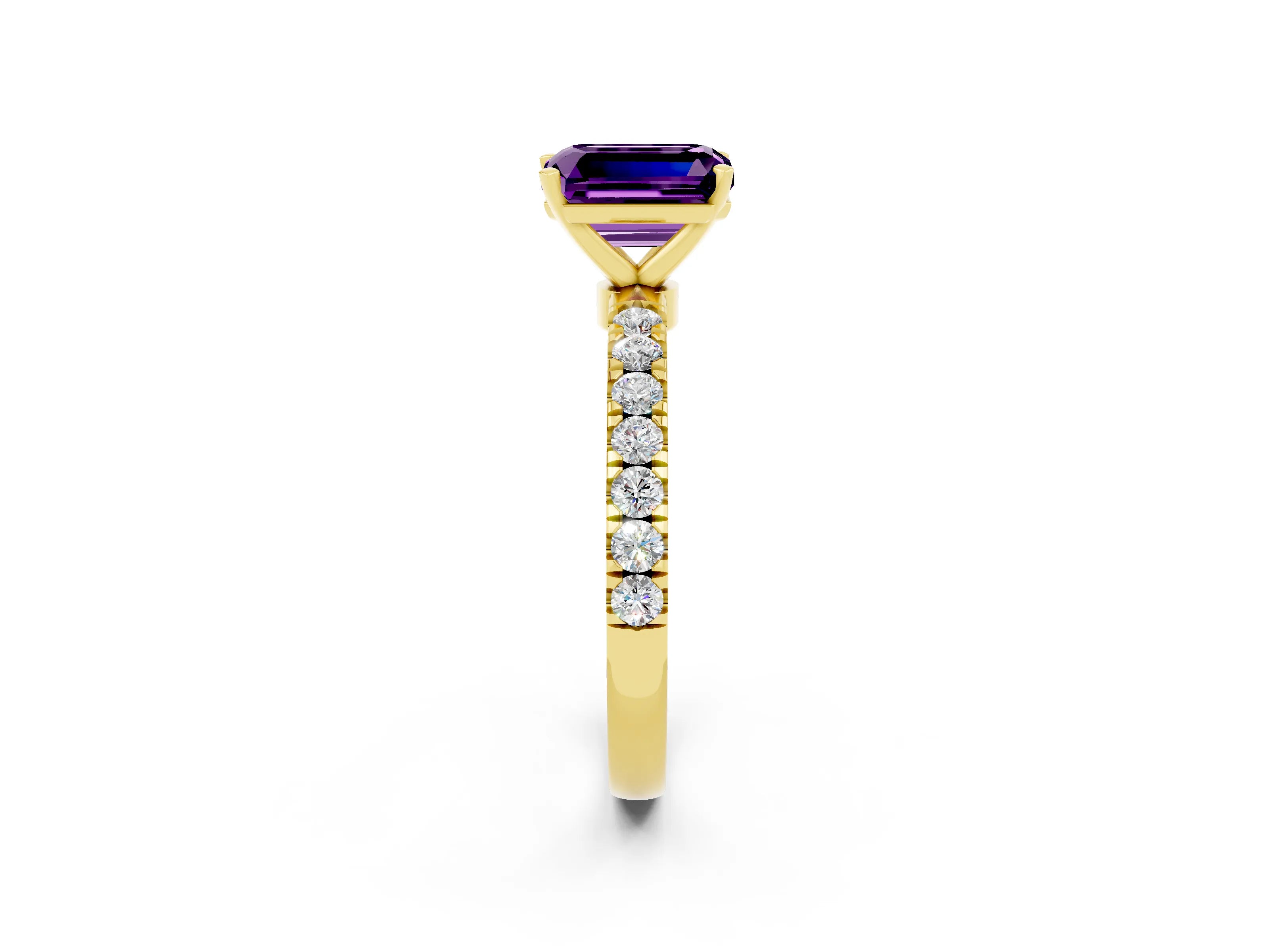 Yellow gold Emerald Cut Amethyst Solitaire Ring with Pavé Accents and Four-Prong Setting_2